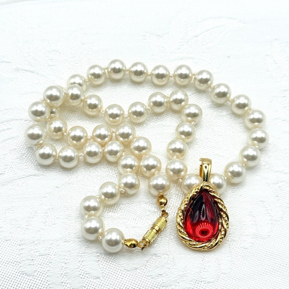 Vintage 16" Knotted 9mm Glass Faux Pearl Necklace w/ Red Cabochon Pendant